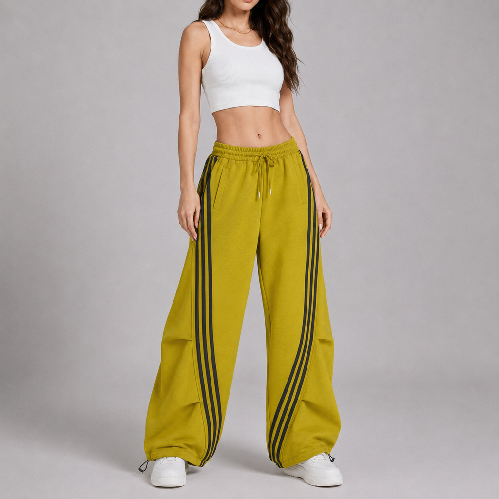 Women’s Retro Chartreuse Triple-Stripe Baggy Wide-Leg Track Pants with Elastic Drawstring Waist and Pockets