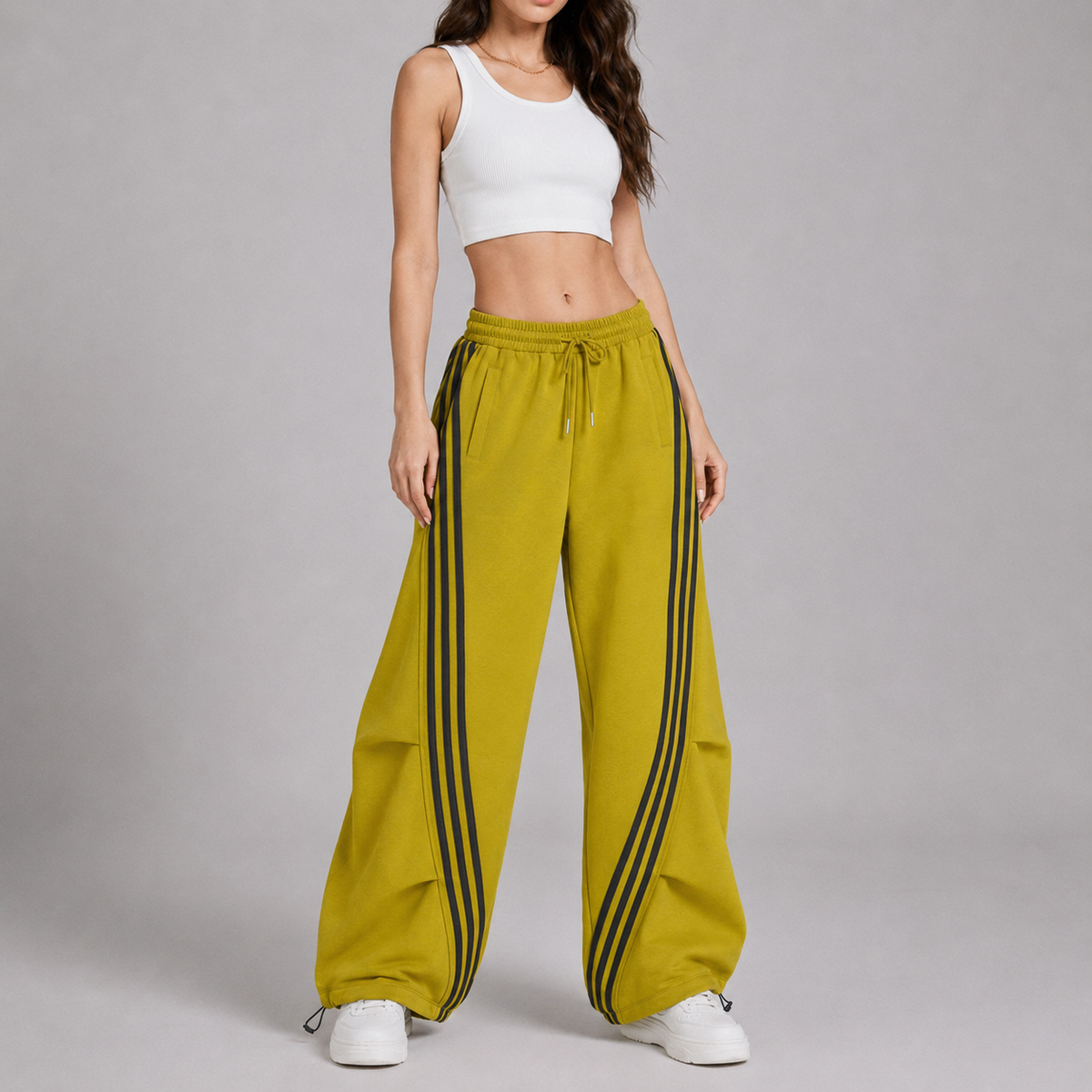 Women’s Retro Chartreuse Triple-Stripe Baggy Wide-Leg Track Pants with Elastic Drawstring Waist and Pockets