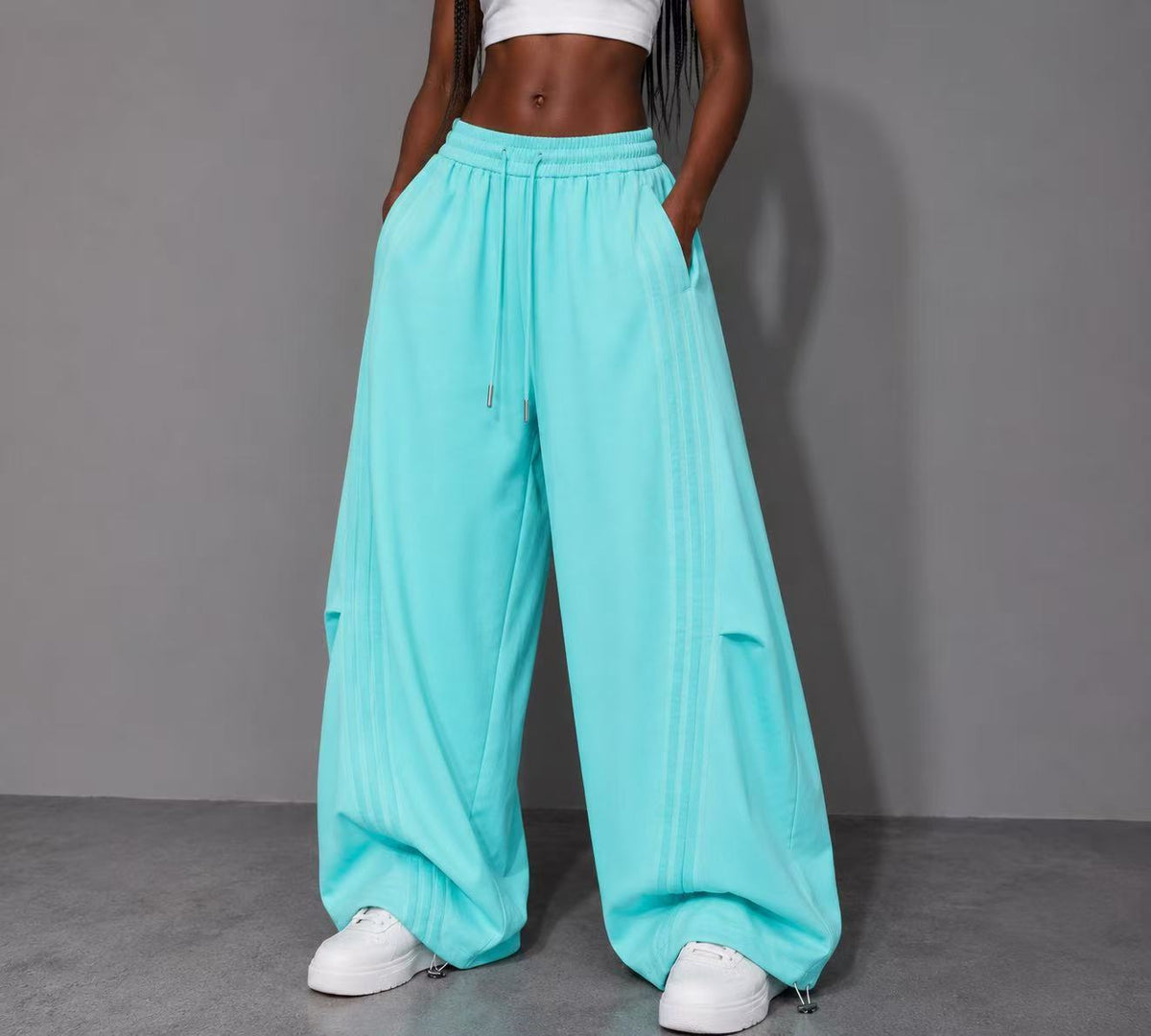 2026 New Arrival Tiffany Blue American‑Style Side‑Striped Casual Pants for Women, Trendy Spliced Draping Wide‑Leg Sweatpants