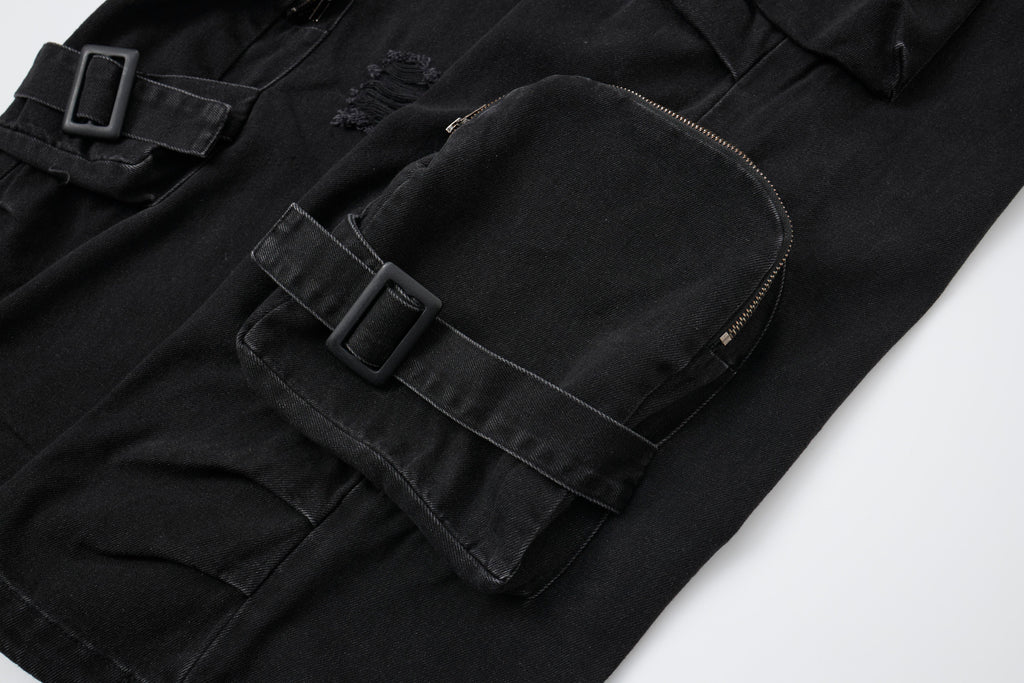 Shadow Ops Distressed Black Cargo Jeans – Relaxed Wide-Leg Utility Denim Pants with Multi-Pocket Detail