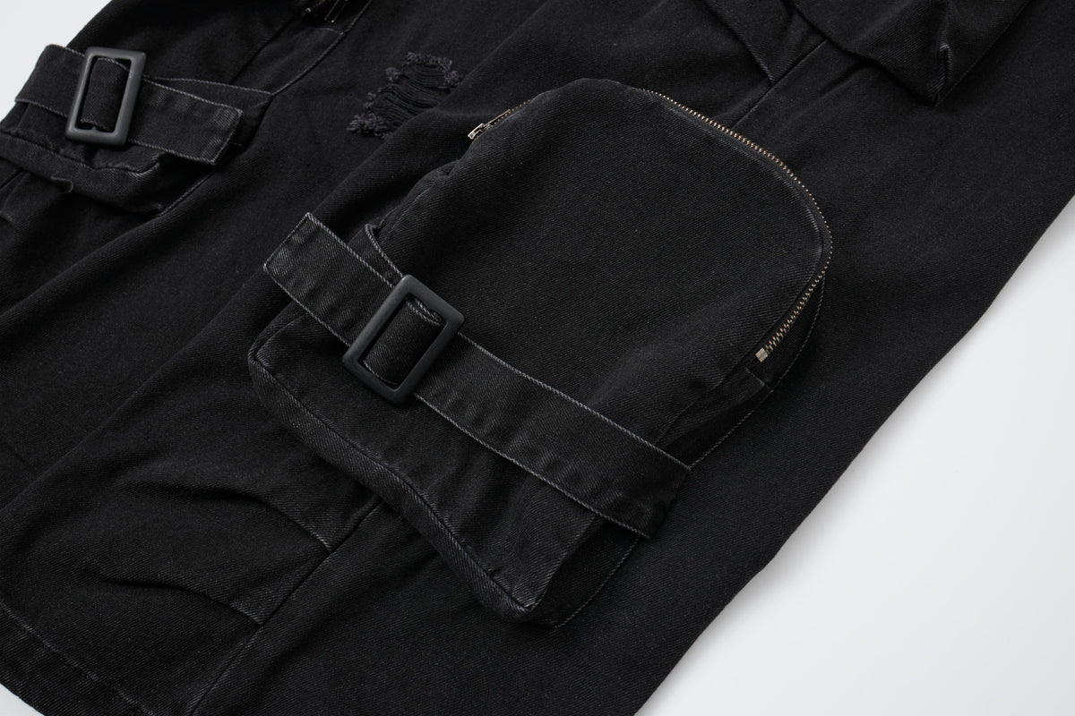 Shadow Ops Distressed Black Cargo Jeans – Relaxed Wide-Leg Utility Denim Pants with Multi-Pocket Detail