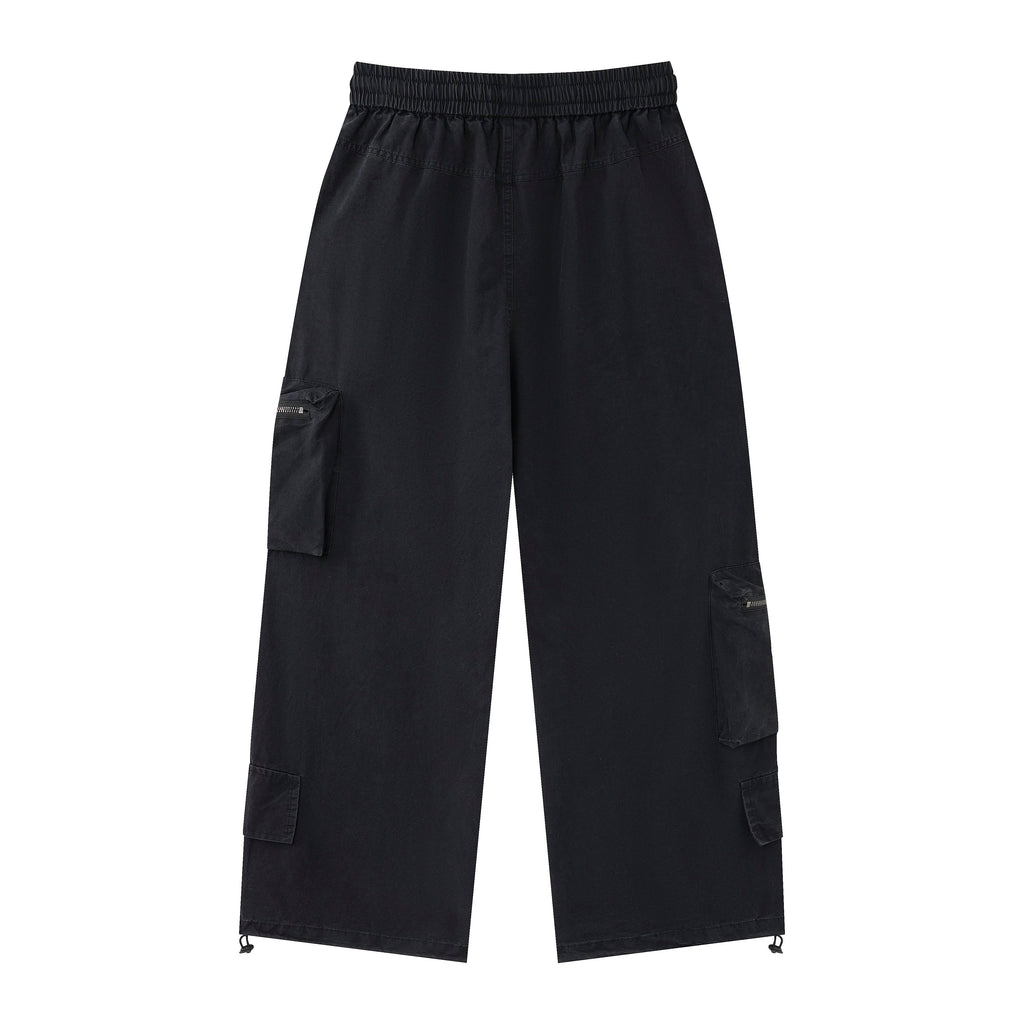 Midnight Rebel Women’s Multi-Pocket Cargo Pants – Washed Black Baggy Wide-Leg Streetwear Pants with Drawstring Waist