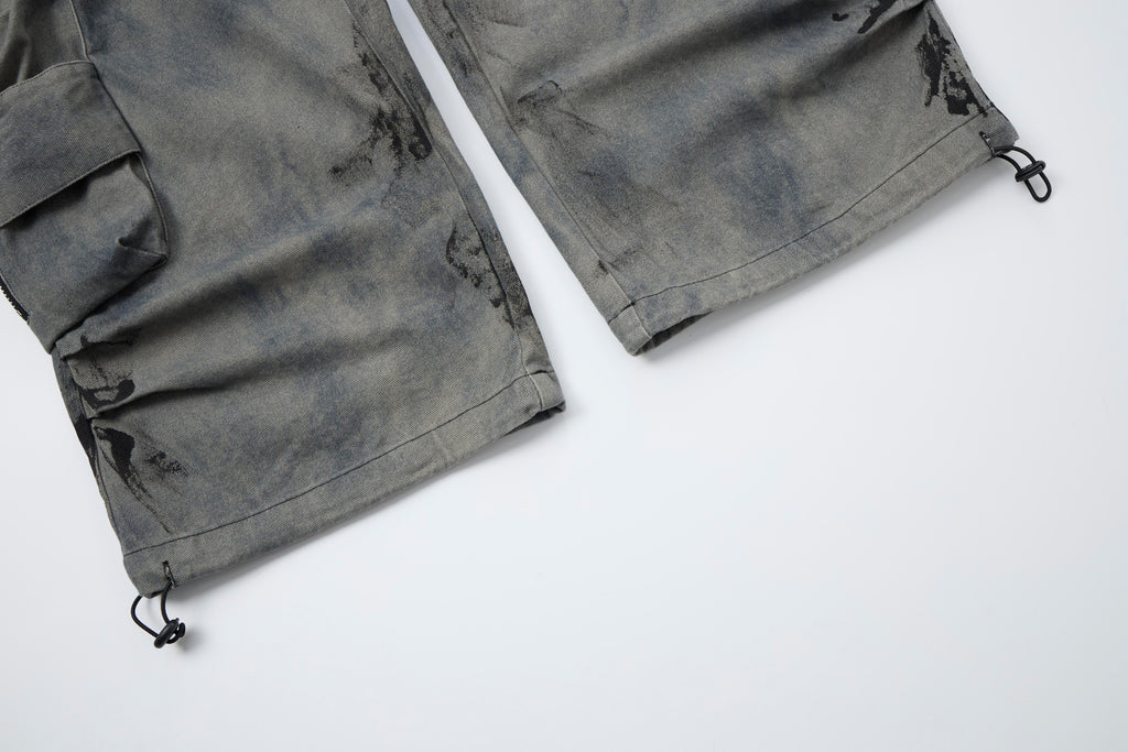 Women’s Concrete Canvas Graffiti Cargo Jeans – Washed Gray Baggy Wide-Leg Utility Denim Pants