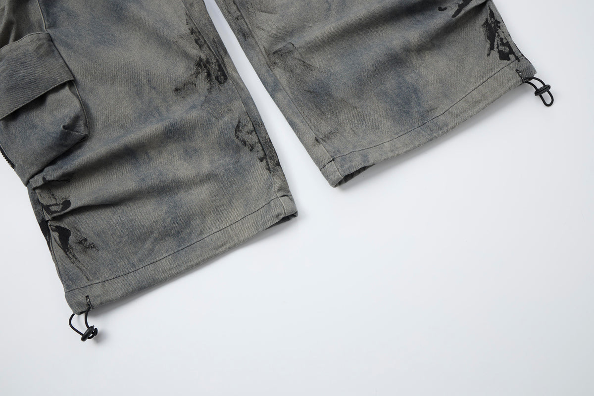 Women’s Concrete Canvas Graffiti Cargo Jeans – Washed Gray Baggy Wide-Leg Utility Denim Pants