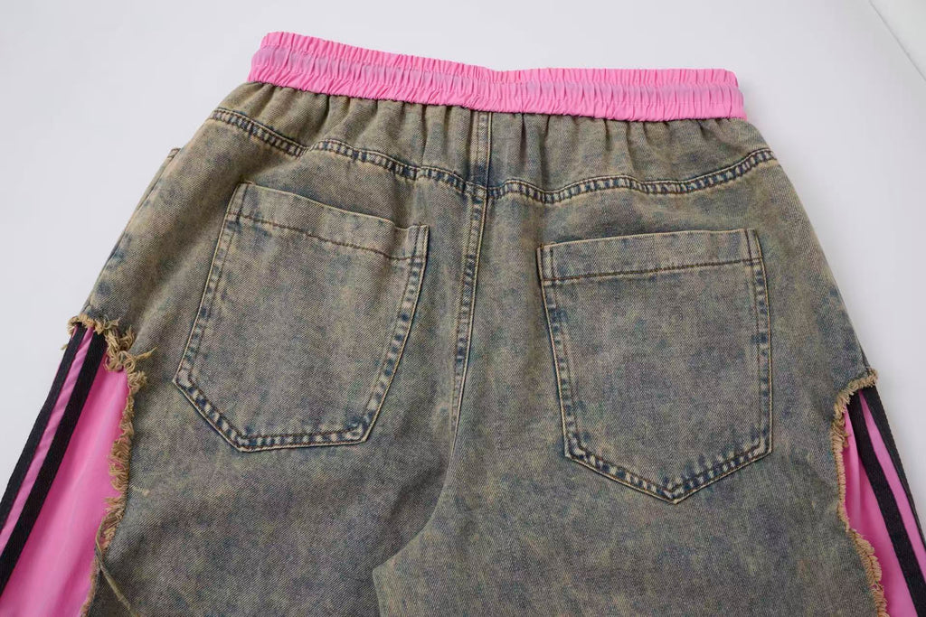 Women’s Pink Contrast Deconstructed Ultra-Baggy Wide-Leg Denim Jeans