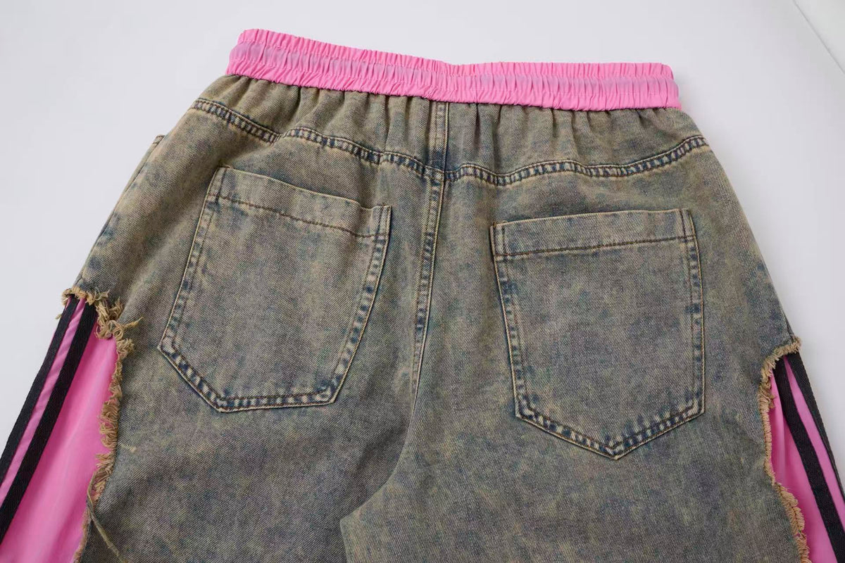 Women’s Pink Contrast Deconstructed Ultra-Baggy Wide-Leg Denim Jeans
