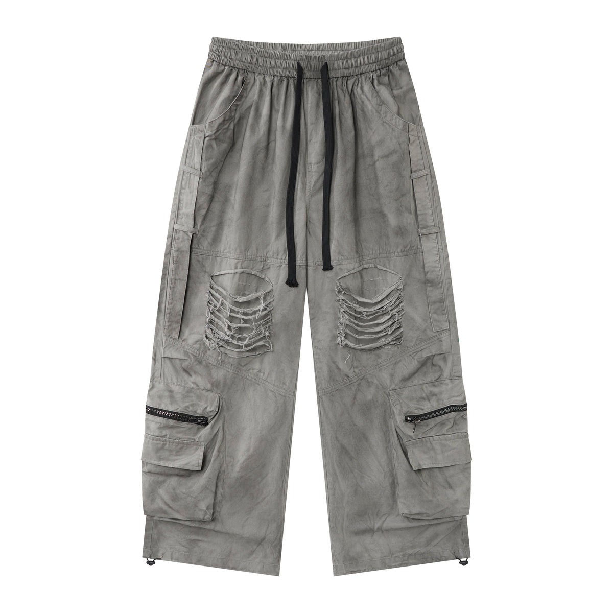 Concrete Rush Women’s Distressed Cargo Pants – Washed Gray Baggy Wide-Leg Utility Pants with Zipper Pockets