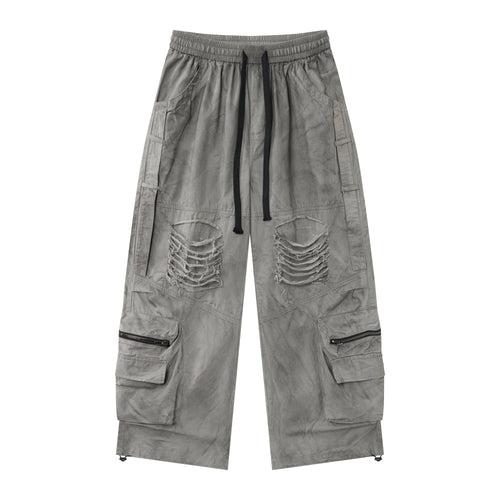 Concrete Rush Women’s Distressed Cargo Pants – Washed Gray Baggy Wide-Leg Utility Pants with Zipper Pockets