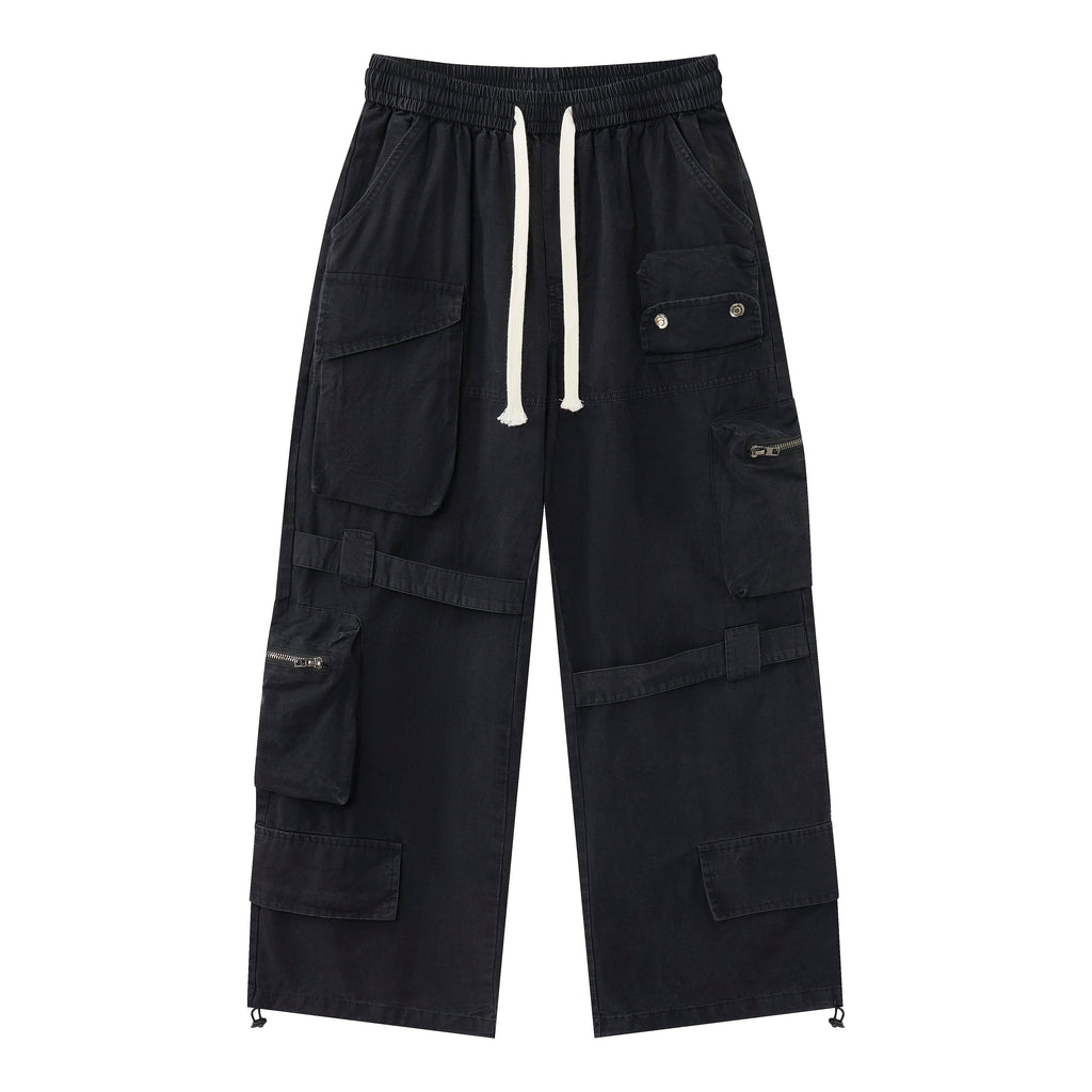 Midnight Rebel Women’s Multi-Pocket Cargo Pants – Washed Black Baggy Wide-Leg Streetwear Pants with Drawstring Waist