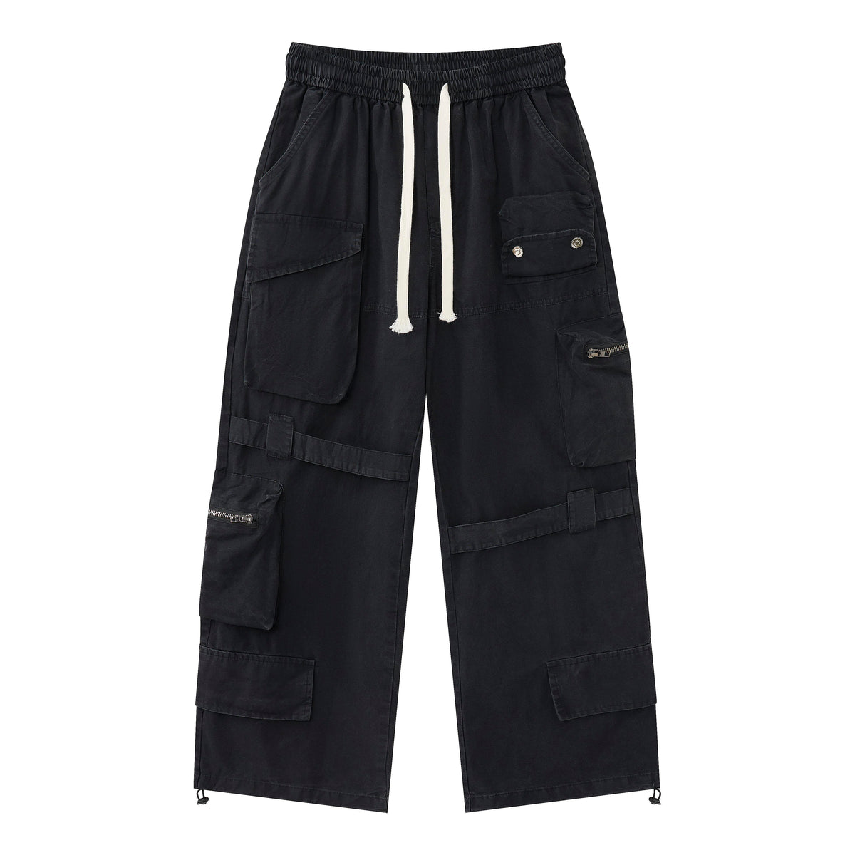 Midnight Rebel Women’s Multi-Pocket Cargo Pants – Washed Black Baggy Wide-Leg Streetwear Pants with Drawstring Waist