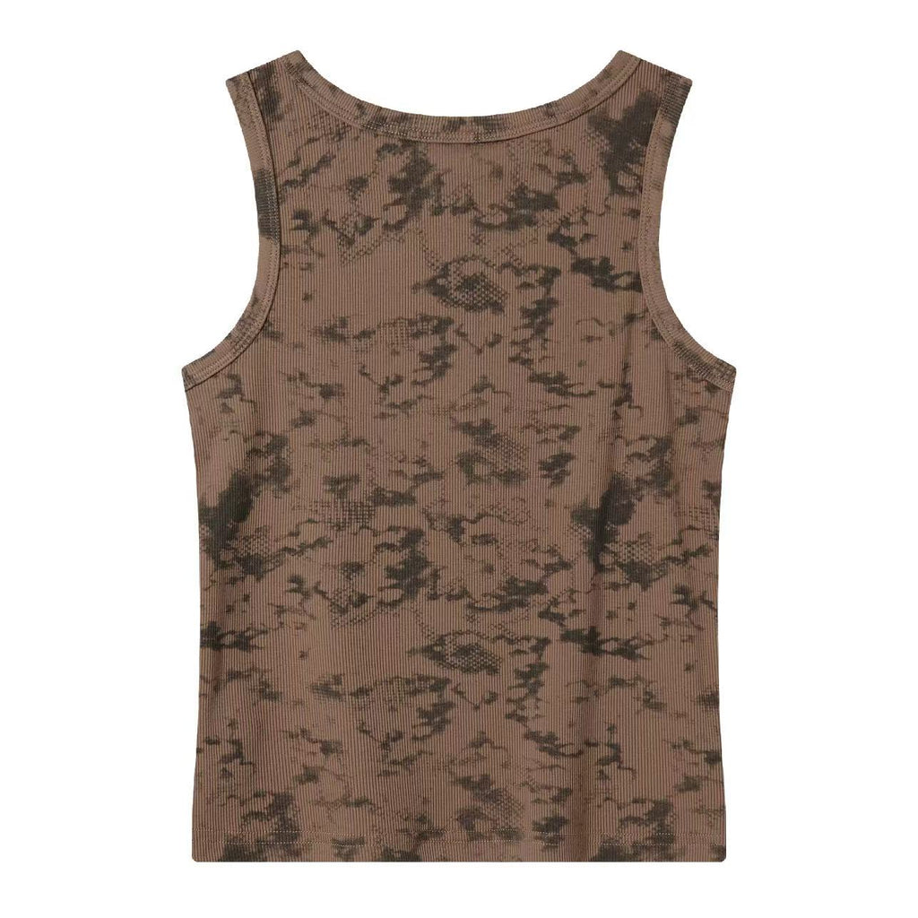Women’s Brown Washed Ribbed Tank Top – Y2K Vintage Fitted Sleeveless Crew Neck Casual Top