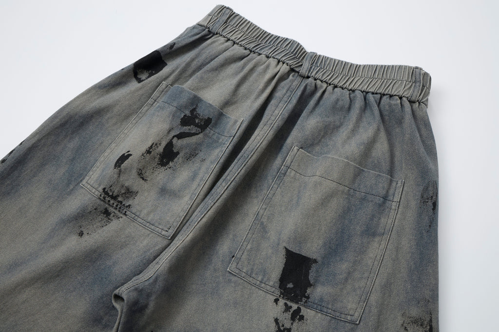 Women’s Concrete Canvas Graffiti Cargo Jeans – Washed Gray Baggy Wide-Leg Utility Denim Pants