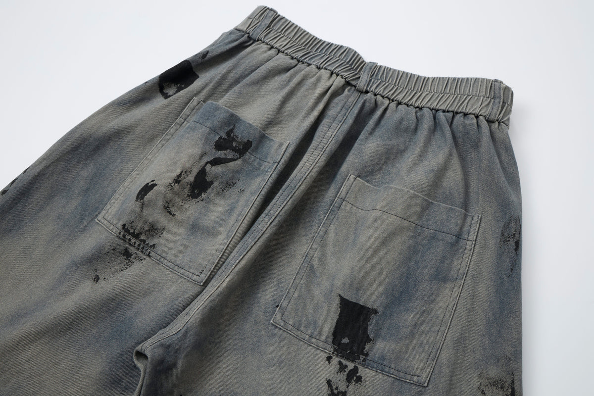 Women’s Concrete Canvas Graffiti Cargo Jeans – Washed Gray Baggy Wide-Leg Utility Denim Pants