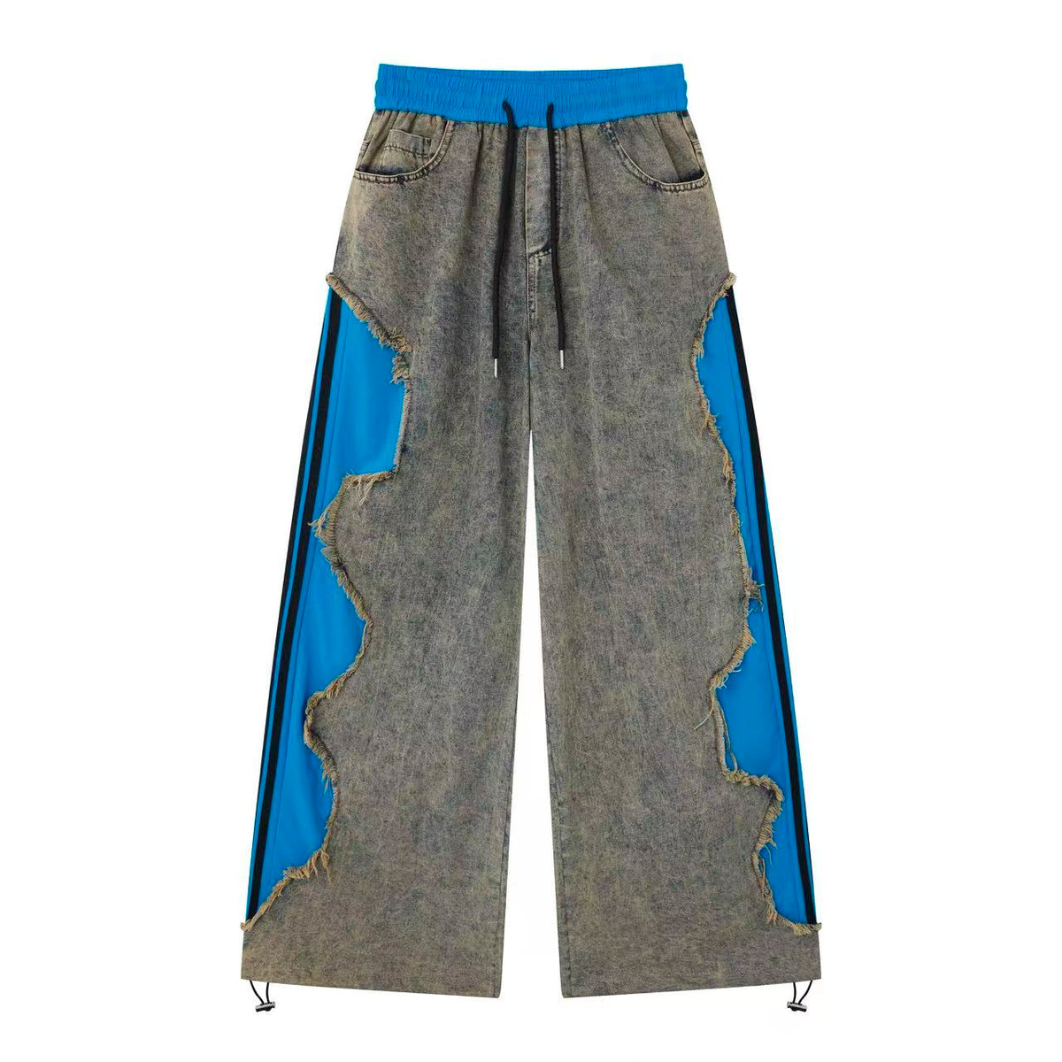 Pantalón de Mezclilla Vintage Gris con Paneles Azul Eléctrico y Corte Extra Ancho