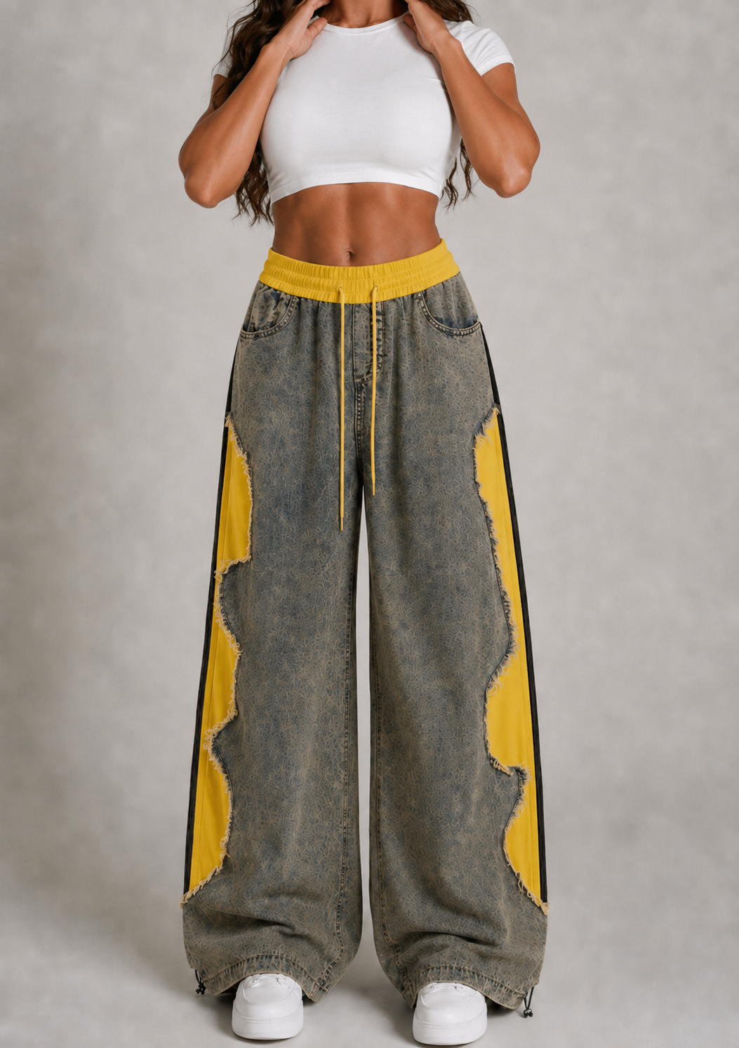 Women’s Vintage Wash Yellow Contrast Ultra-Baggy Wide-Leg Denim Pants