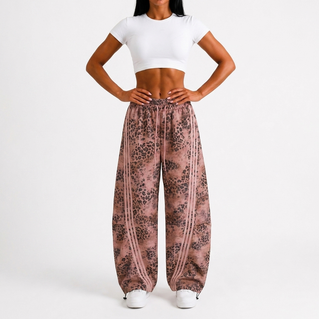 Wild Tempo Women’s Leopard Print Track Pants – Vintage-Wash Baggy Barrel-Leg Streetwear Pants with Side Stripes