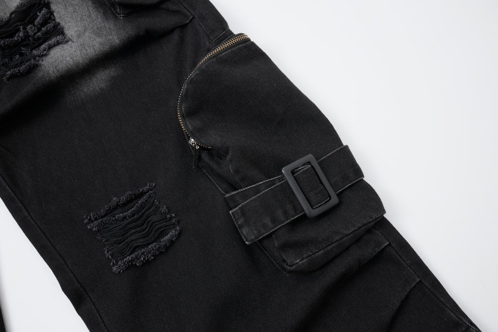Shadow Ops Distressed Black Cargo Jeans – Relaxed Wide-Leg Utility Denim Pants with Multi-Pocket Detail