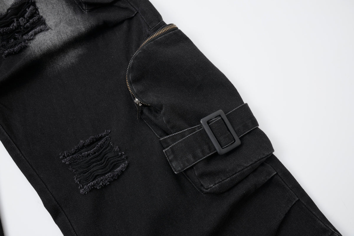 Shadow Ops Distressed Black Cargo Jeans – Relaxed Wide-Leg Utility Denim Pants with Multi-Pocket Detail