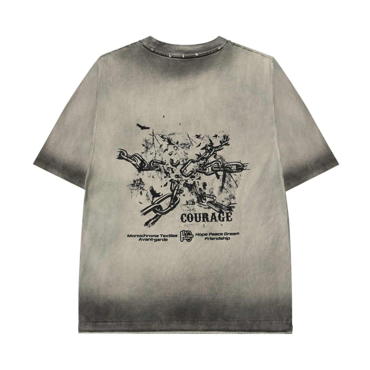 Women’s Vintage Washed Gray Courage Graphic Tee, Distressed Chain Print Crewneck Short Sleeve T-Shirt, Relaxed Fit Y2K Grunge Streetwear Top