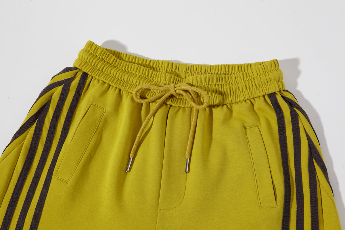 Women’s Retro Chartreuse Triple-Stripe Baggy Wide-Leg Track Pants with Elastic Drawstring Waist and Pockets