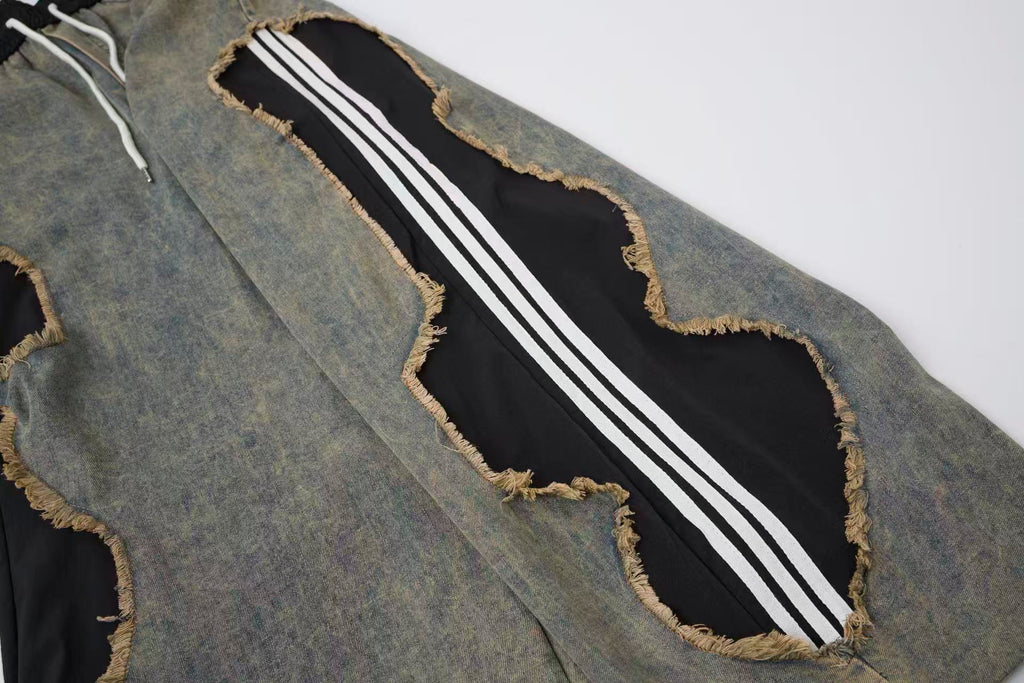 Women’s Vintage Wash Deconstructed Denim Track Pants – Black Contrast Baggy Wide-Leg Jeans (Copy)