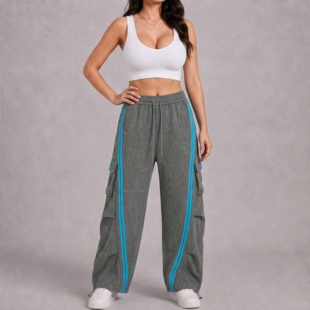 Women’s Cosmic Drift Star-Print Cargo Pants – Washed Gray Baggy Barrel Pants with Blue Racing Stripes