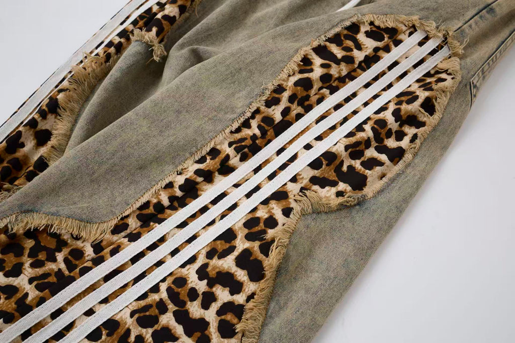 Women’s Leopard Panel Vintage-Wash Denim Track Pants – Deconstructed Baggy Straight-Leg Jeans