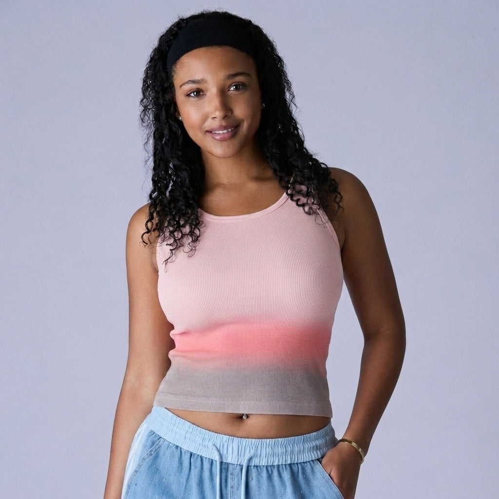 Women’s Sunset Ombre Ribbed Crop Tank Top – Blush Pink & Gray