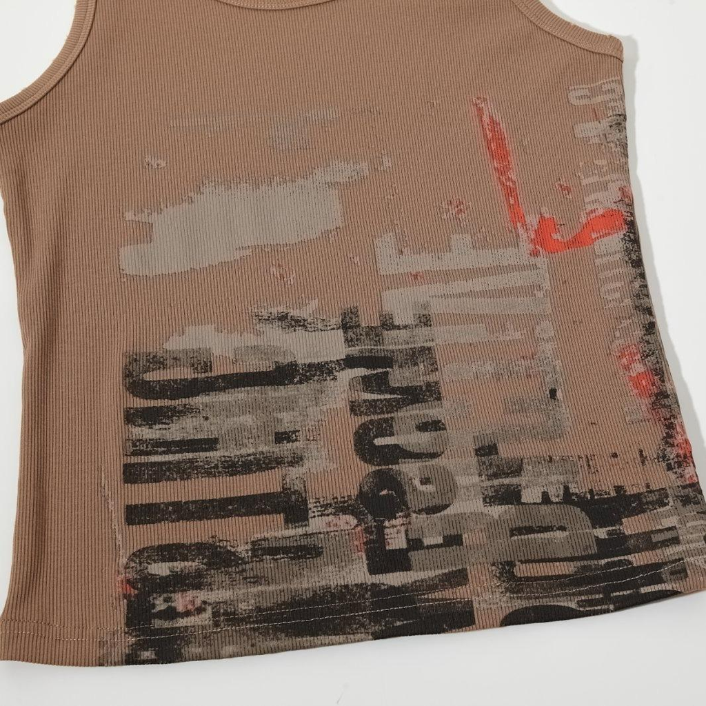 Women’s Vintage Graphic Ribbed Tank Top – Mocha Brown Y2K Streetwear Top