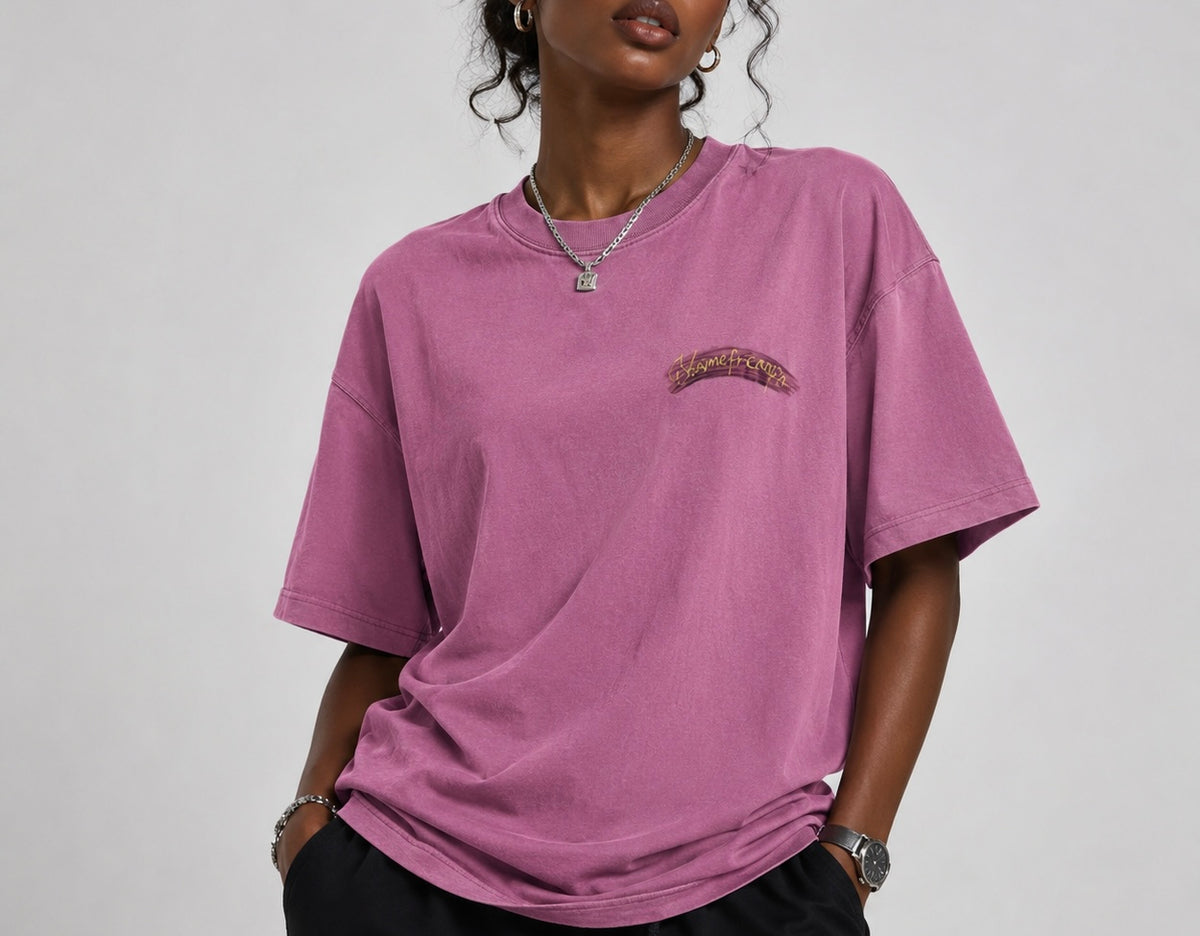 Women’s Dusty Rose Oversized T-Shirt with Small Embroidered Script, Crew Neck Drop Shoulder Short Sleeve Tee, Relaxed Casual Streetwear Top for Summer