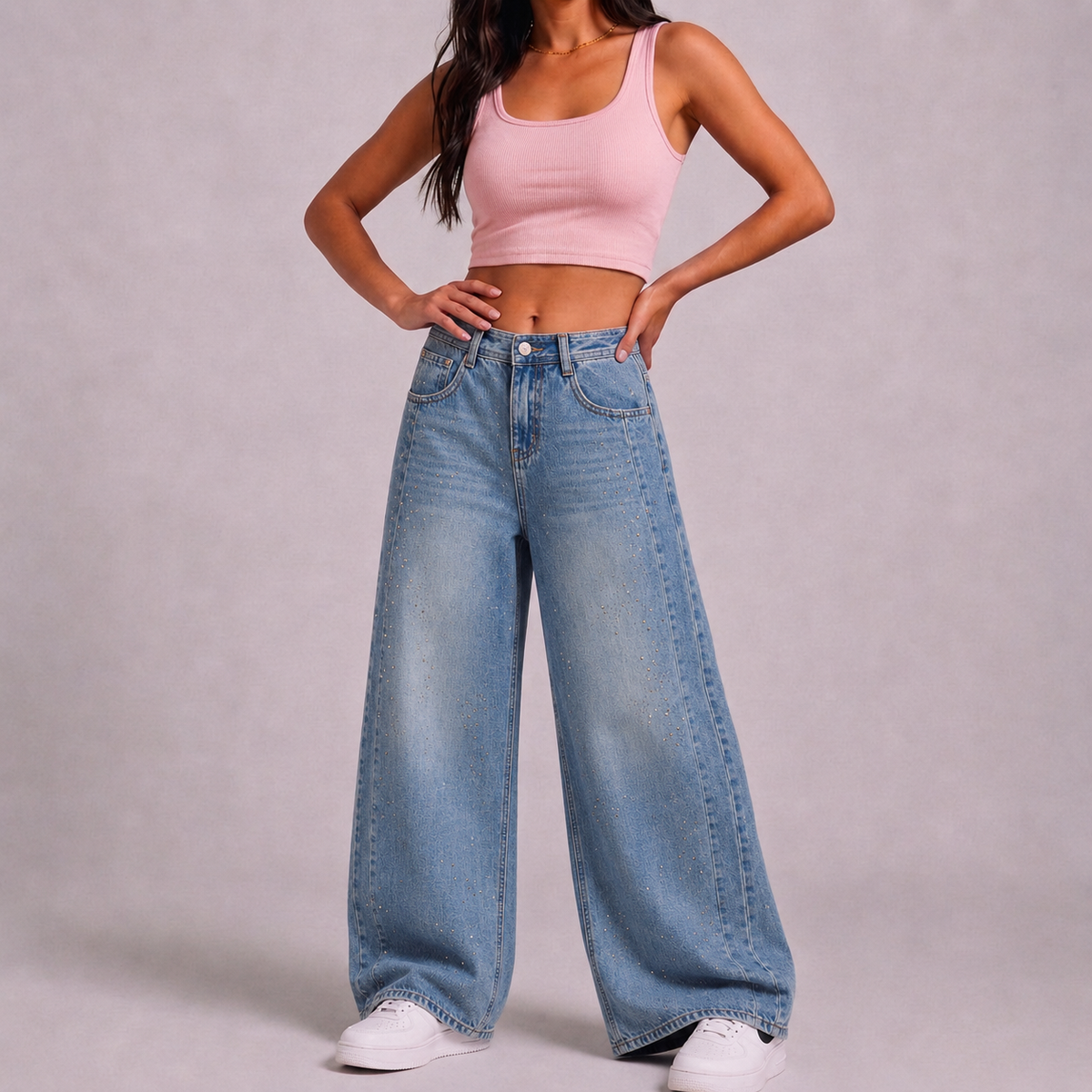 Washed Barrel Jeans – Rhinestone Detail Wide Leg Blue Denim