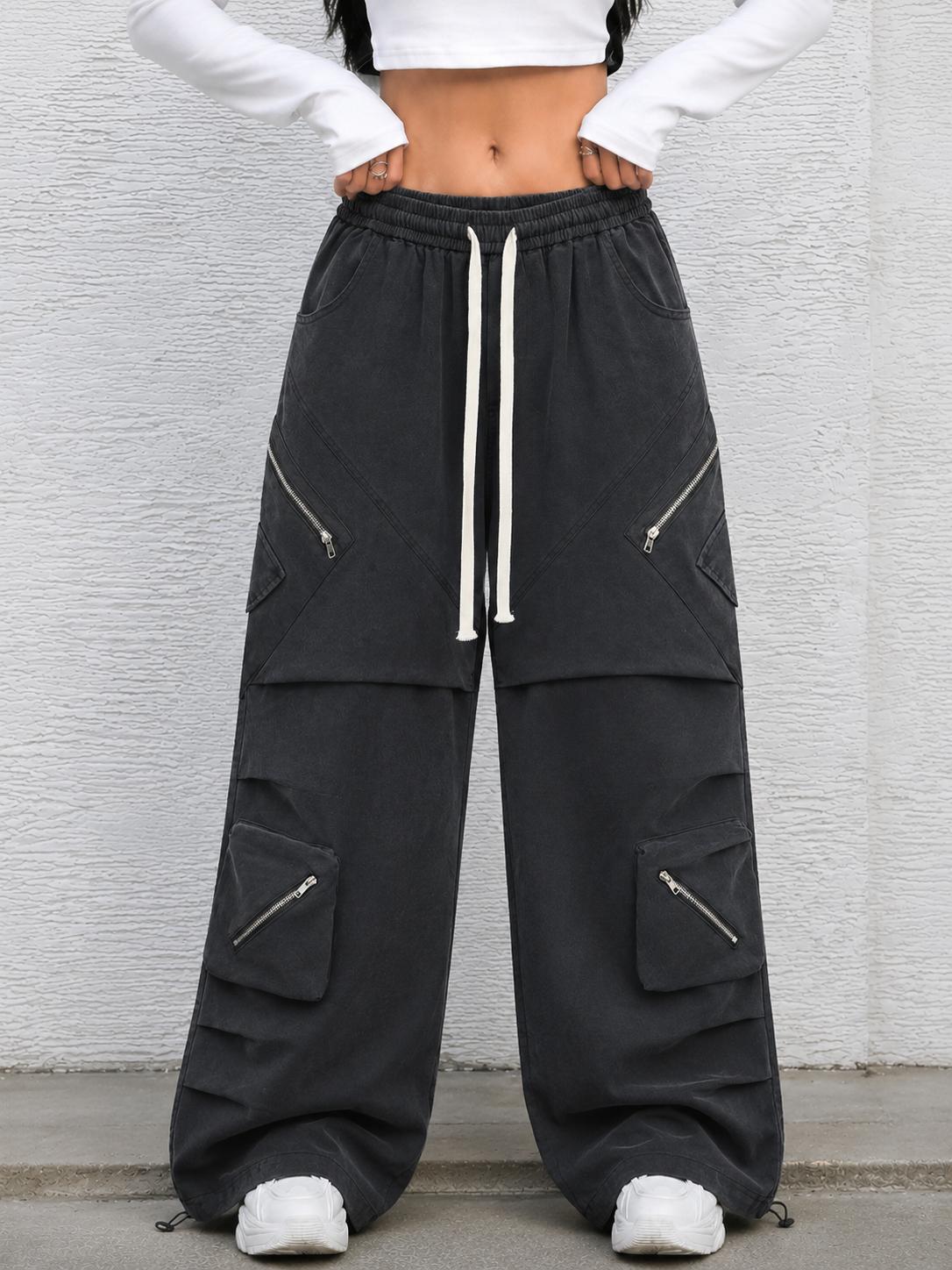 After Dark Women’s Washed Black Cargo Pants – Relaxed Wide-Leg Utility Streetwear Pants with Drawstring Waist (Copy)