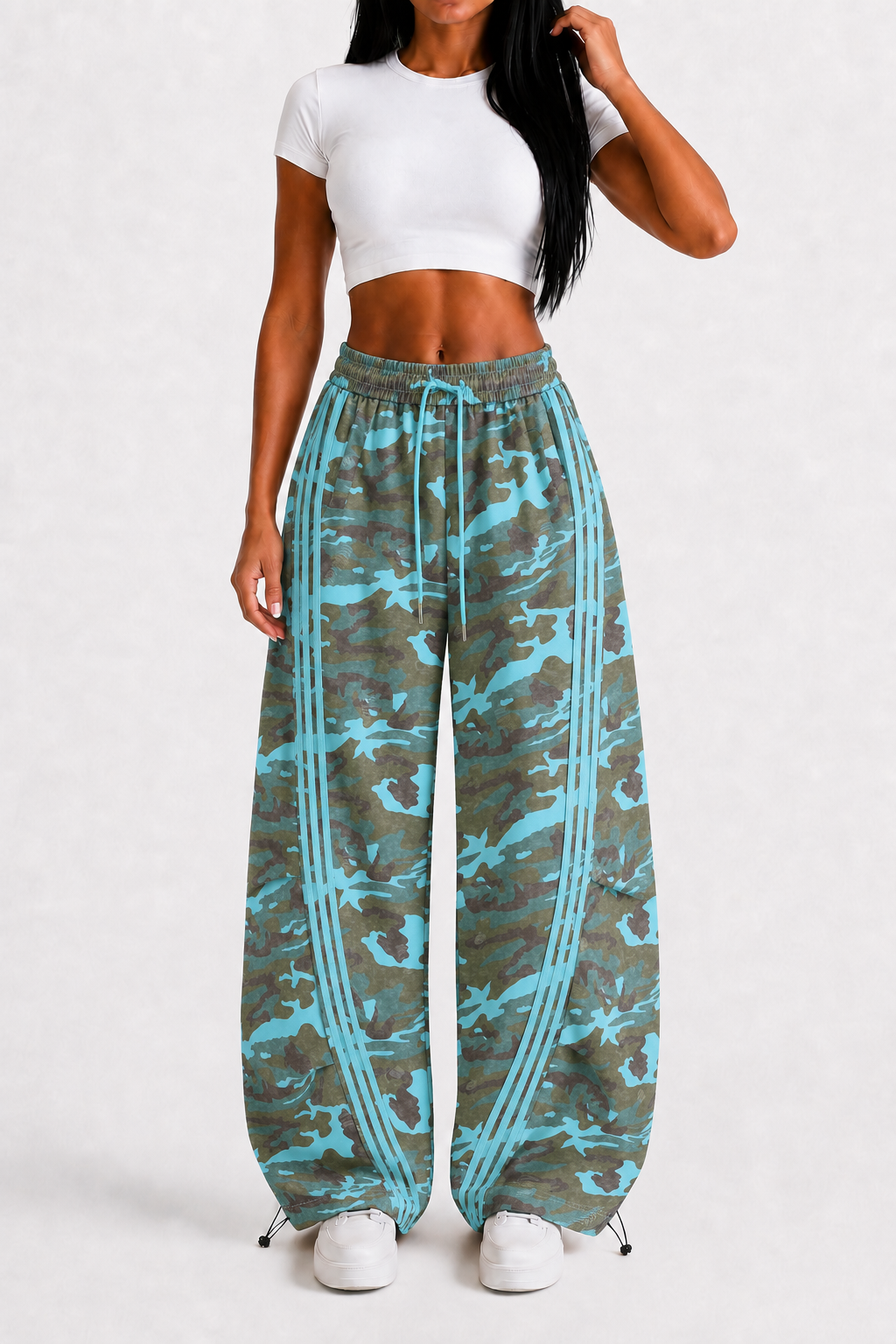 Aqua Recon Women’s Camo Track Pants – Baggy Barrel-Leg Streetwear Pants with Triple Side Stripes