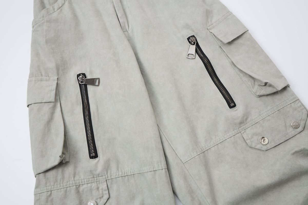 Silver District Women’s Light Gray Cargo Pants – Relaxed Wide-Leg Utility Pants with Zipper and Multi-Pocket Details