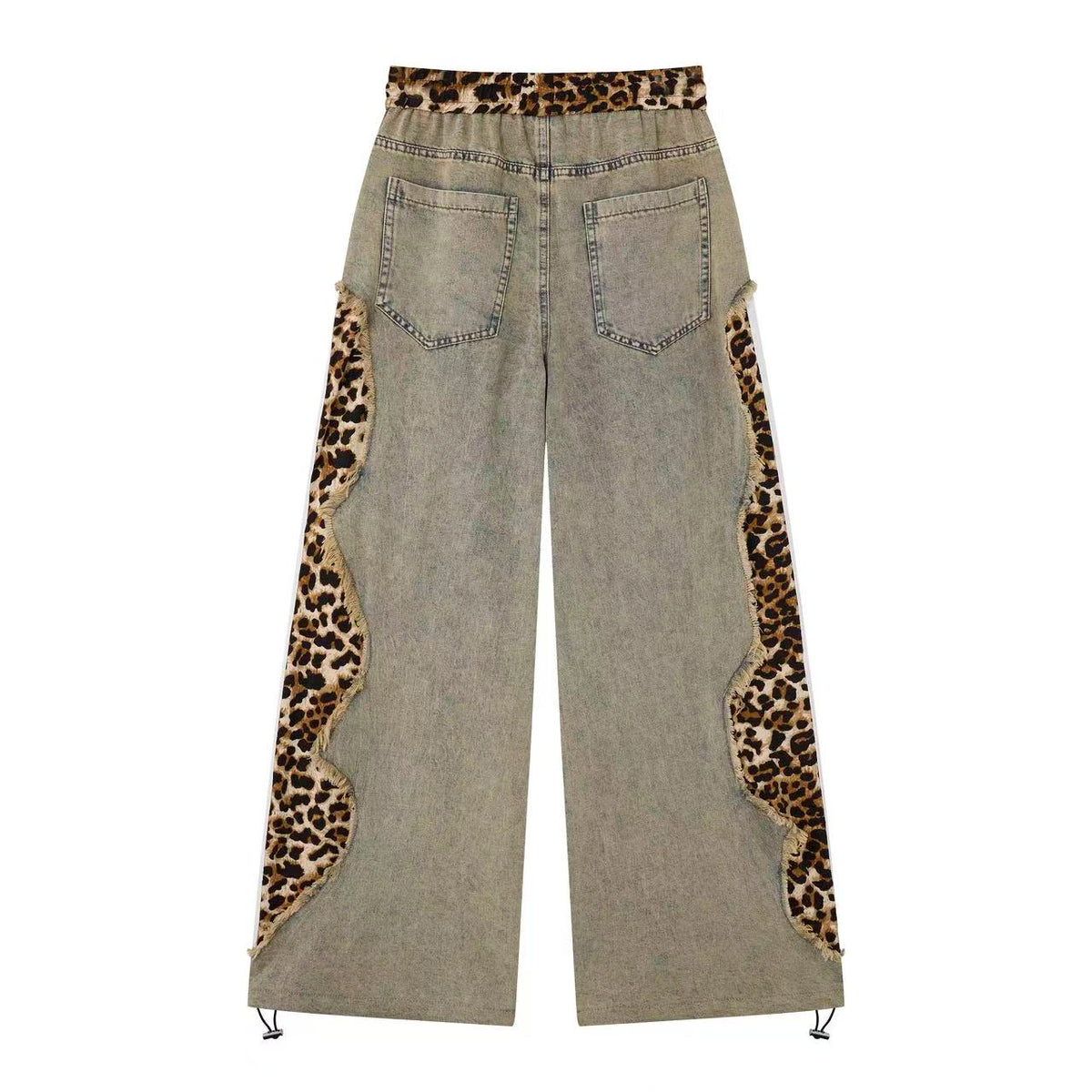 Women’s Leopard Panel Vintage-Wash Denim Track Pants – Deconstructed Baggy Straight-Leg Jeans