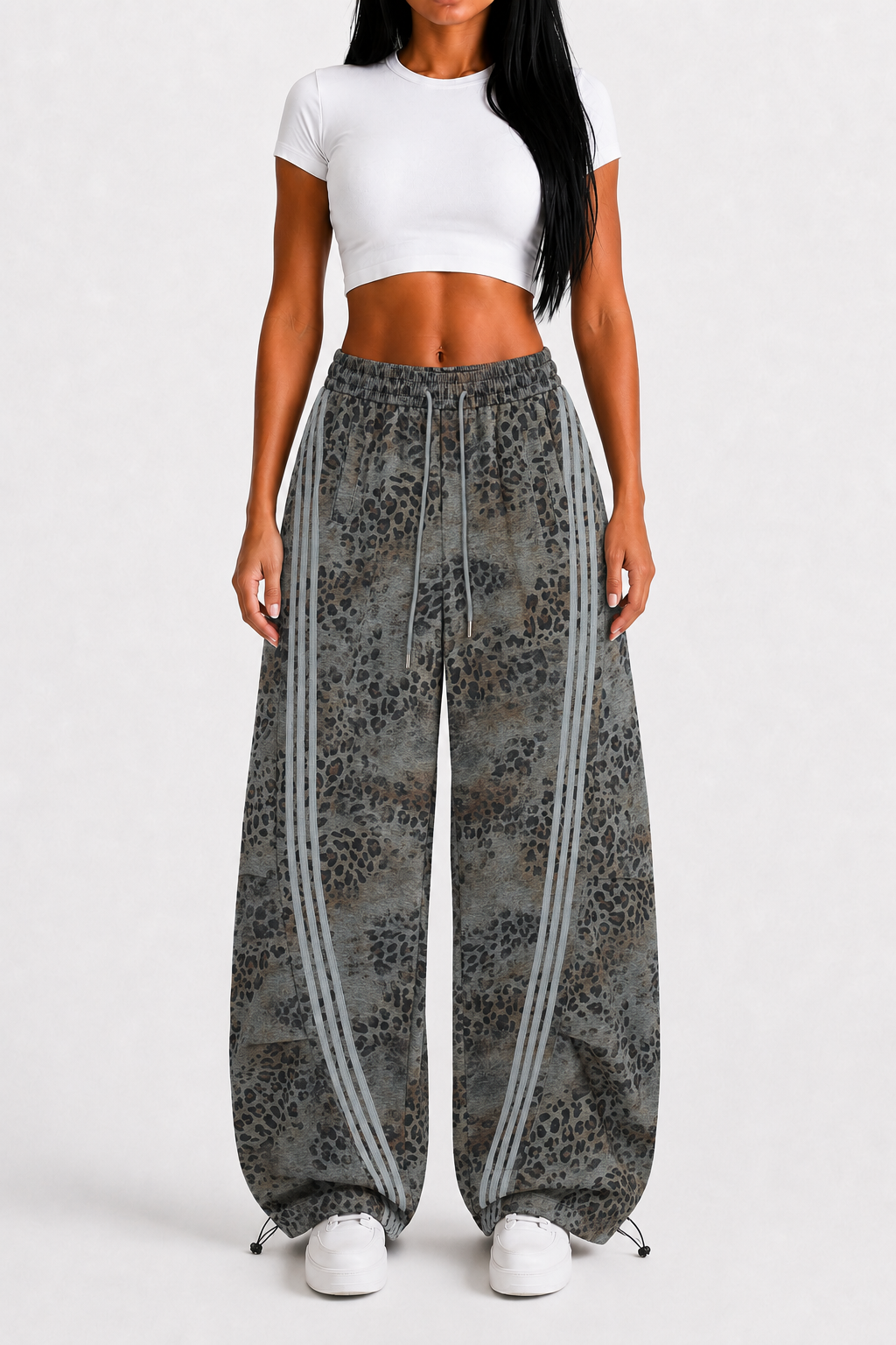Wild Tempo Women’s Leopard Print Track Pants – Vintage-Wash Baggy Barrel-Leg Streetwear Pants with Side Stripes