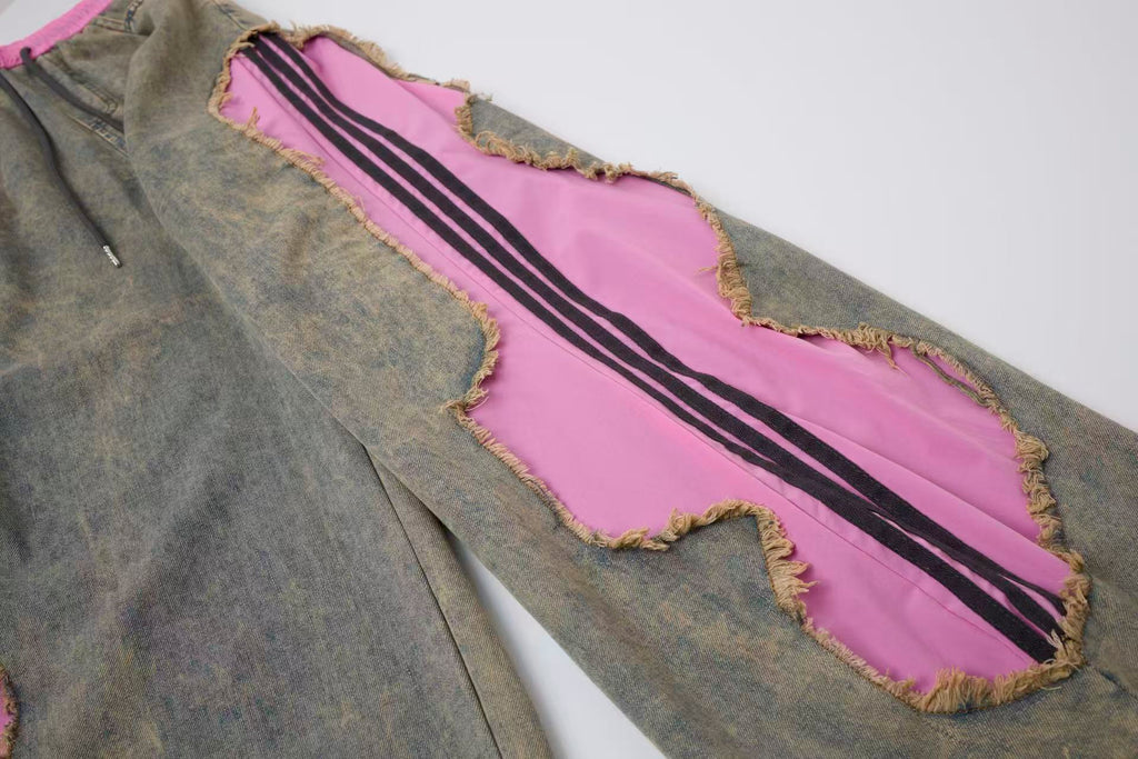 Women’s Pink Contrast Deconstructed Ultra-Baggy Wide-Leg Denim Jeans