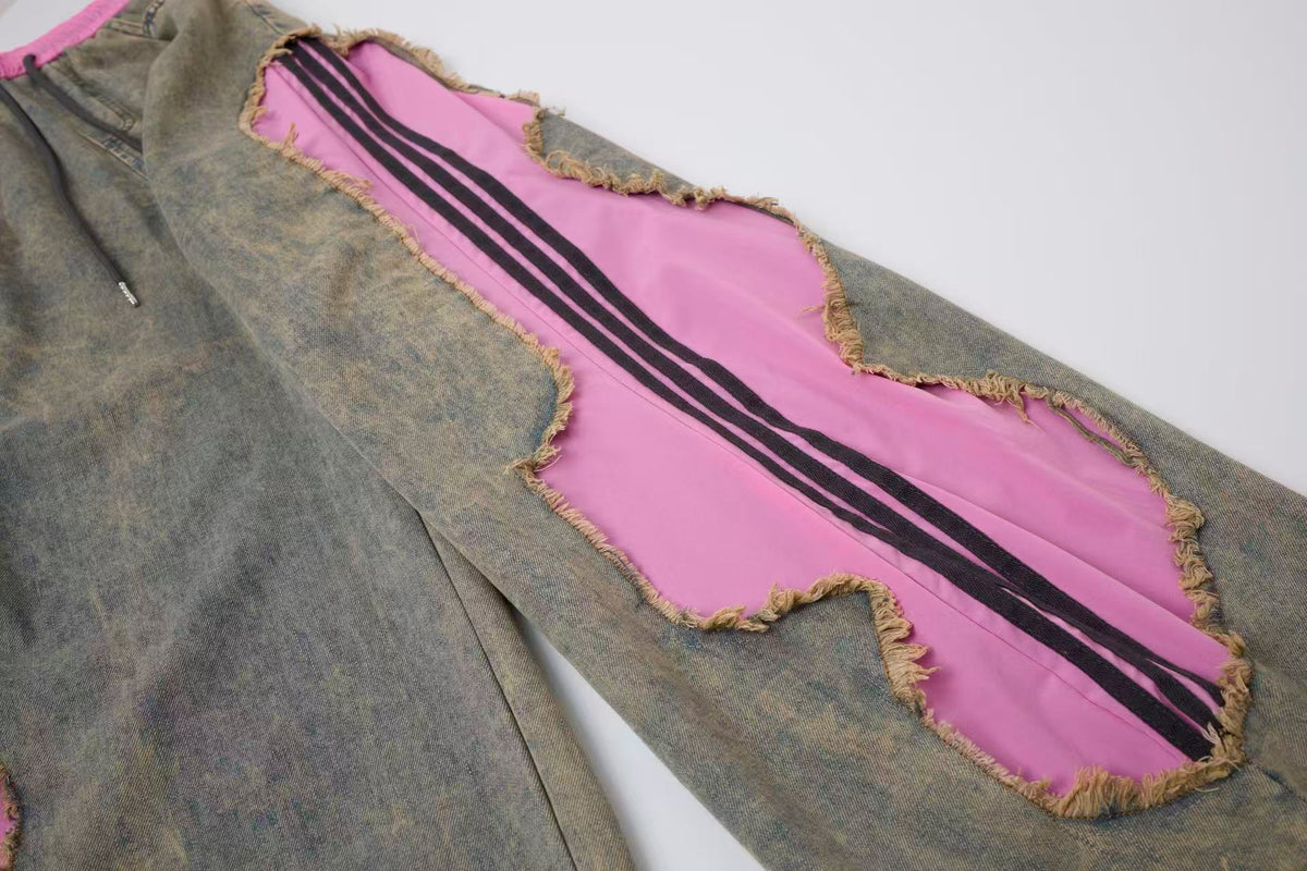 Women’s Pink Contrast Deconstructed Ultra-Baggy Wide-Leg Denim Jeans