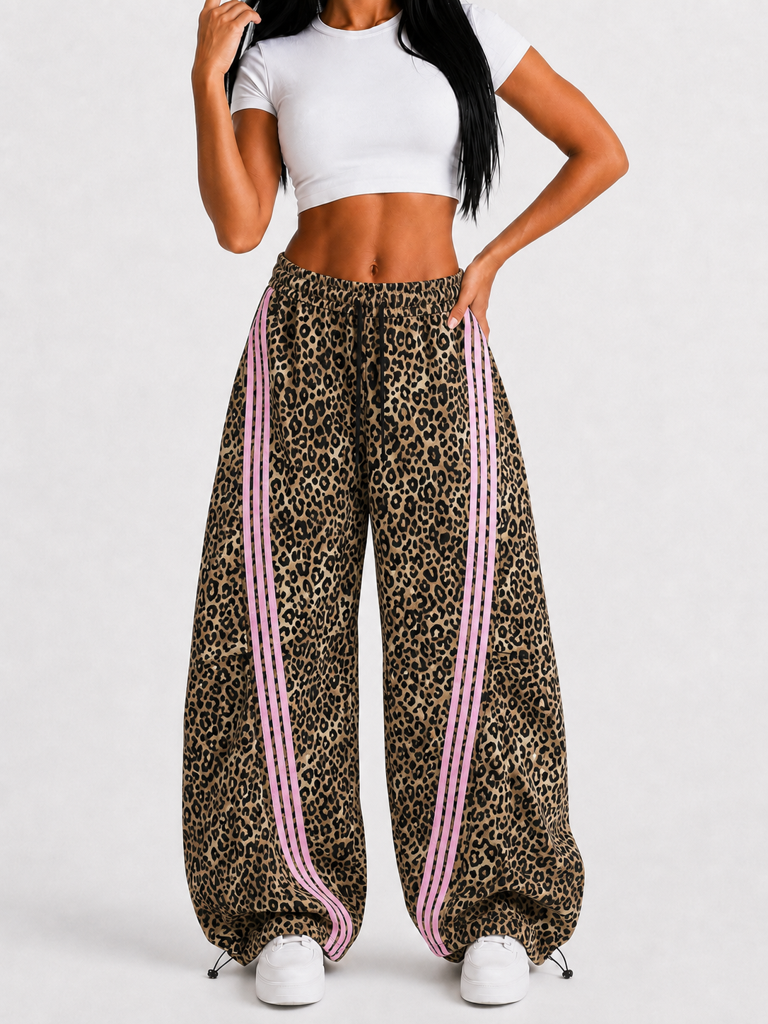 Untamed Club Women’s Leopard Print Track Pants – Baggy Barrel-Leg Streetwear Pants with Triple Side Stripes