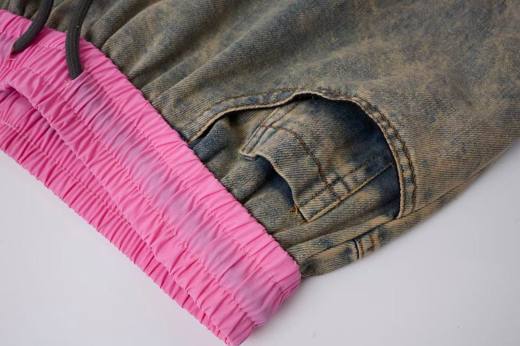 Women’s Pink Contrast Deconstructed Ultra-Baggy Wide-Leg Denim Jeans
