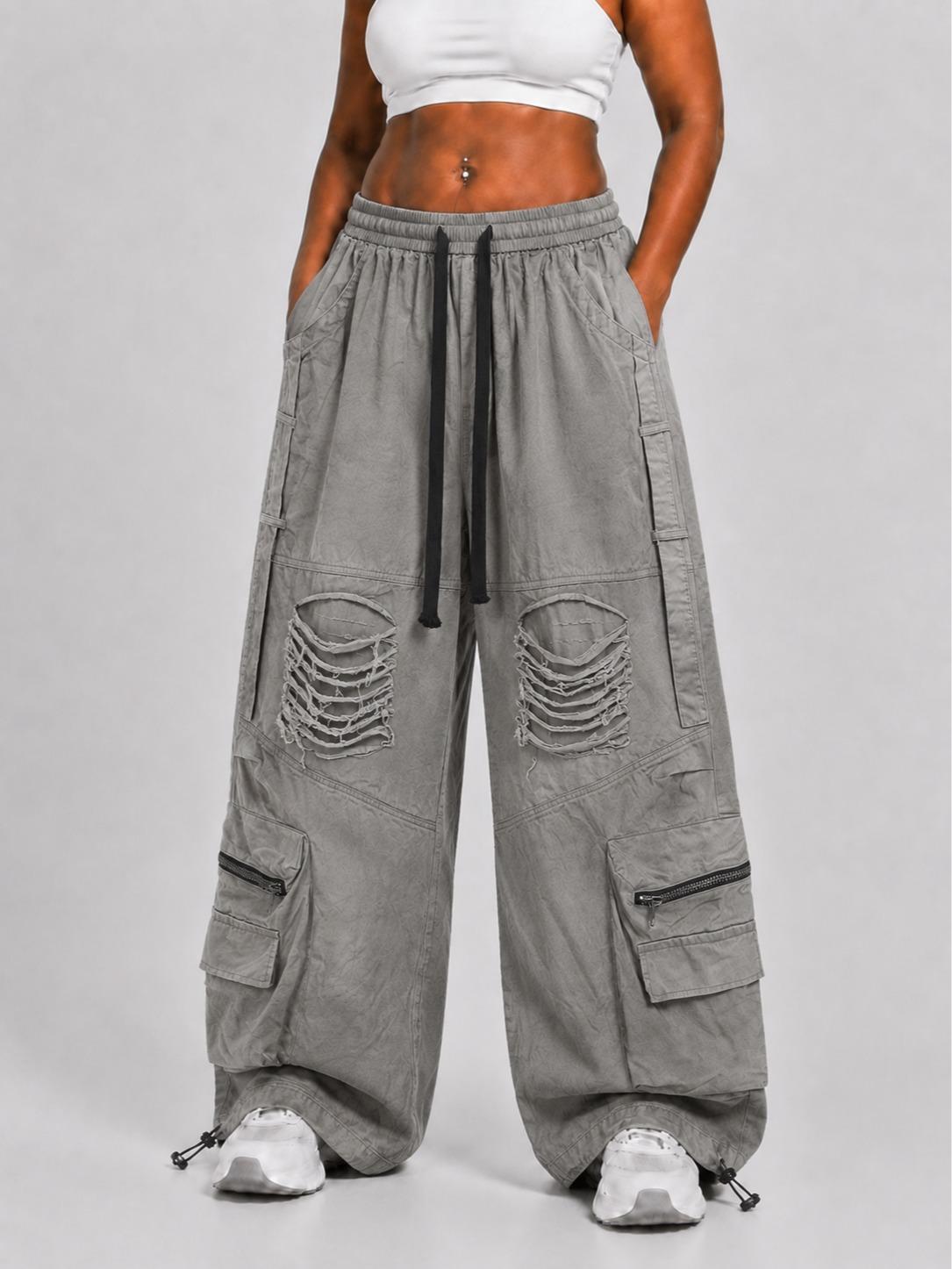 Concrete Rush Women’s Distressed Cargo Pants – Washed Gray Baggy Wide-Leg Utility Pants with Zipper Pockets