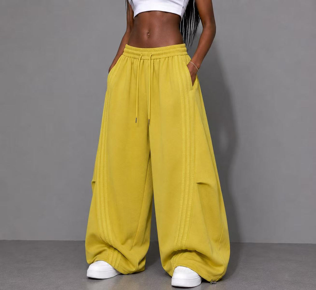 2026 New Arrival Mustard Yellow American‑Style Side‑Striped Casual Pants for Women, Trendy Spliced Draping Wide‑Leg Sweatpants