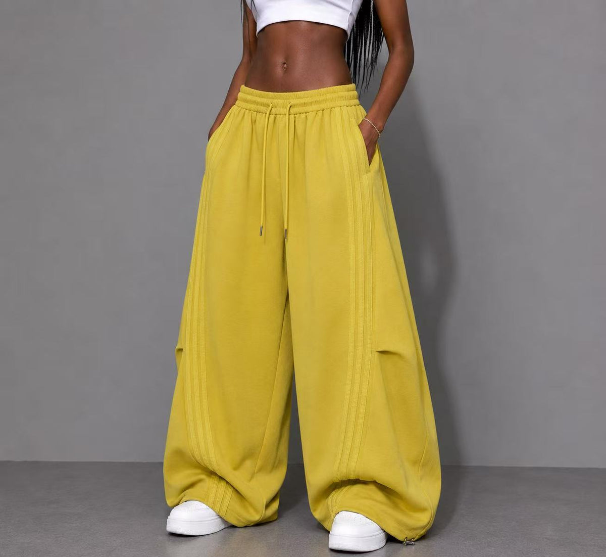 2026 New Arrival Mustard Yellow American‑Style Side‑Striped Casual Pants for Women, Trendy Spliced Draping Wide‑Leg Sweatpants