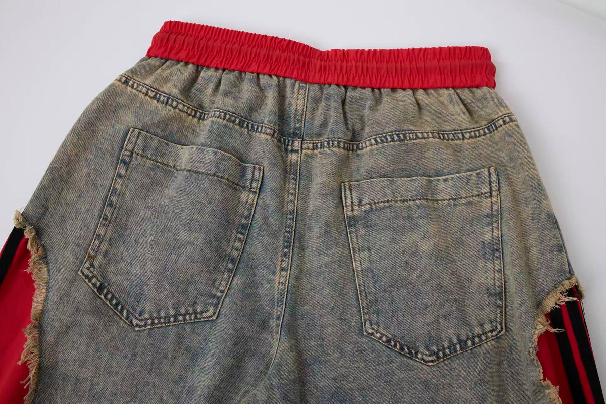 Women’s Vintage Wash Red Contrast Distressed Baggy Wide-Leg Jeans