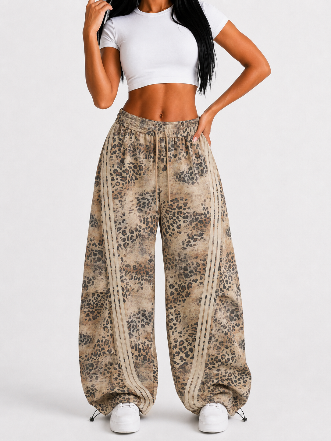 Wild Tempo Women’s Leopard Print Track Pants – Vintage-Wash Baggy Barrel-Leg Streetwear Pants with Side Stripes