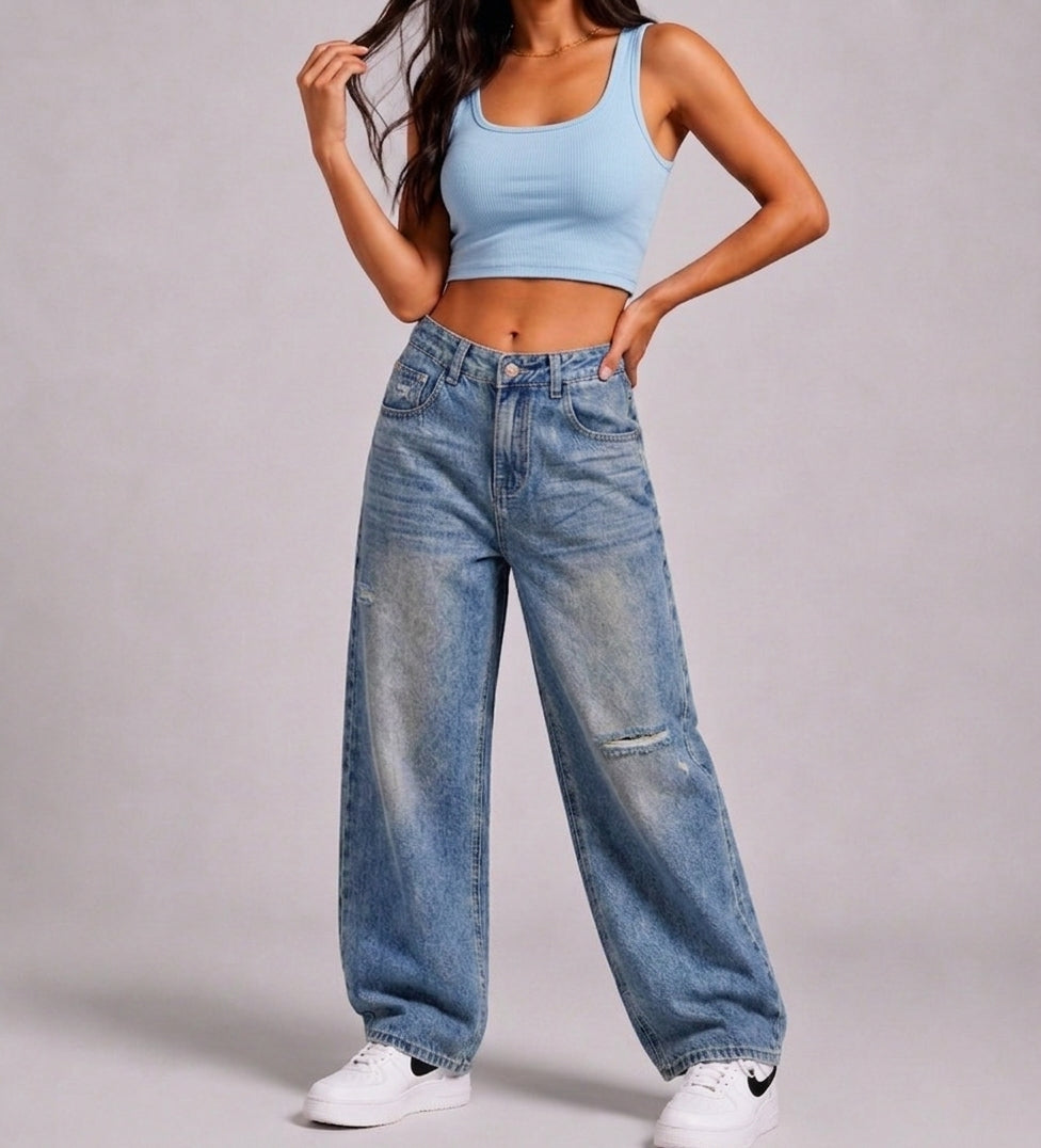 Vintage Wash Straight Leg Jeans – Distressed Relaxed Fit Denim