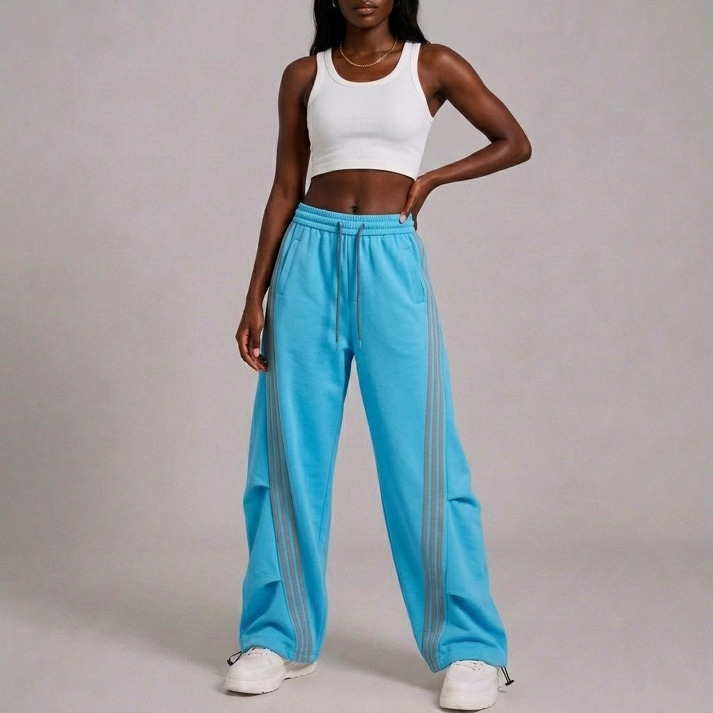 Women’s Blue & Gray Triple-Stripe Oversized Wide-Leg Track Pants with Drawstring Waist and Pockets