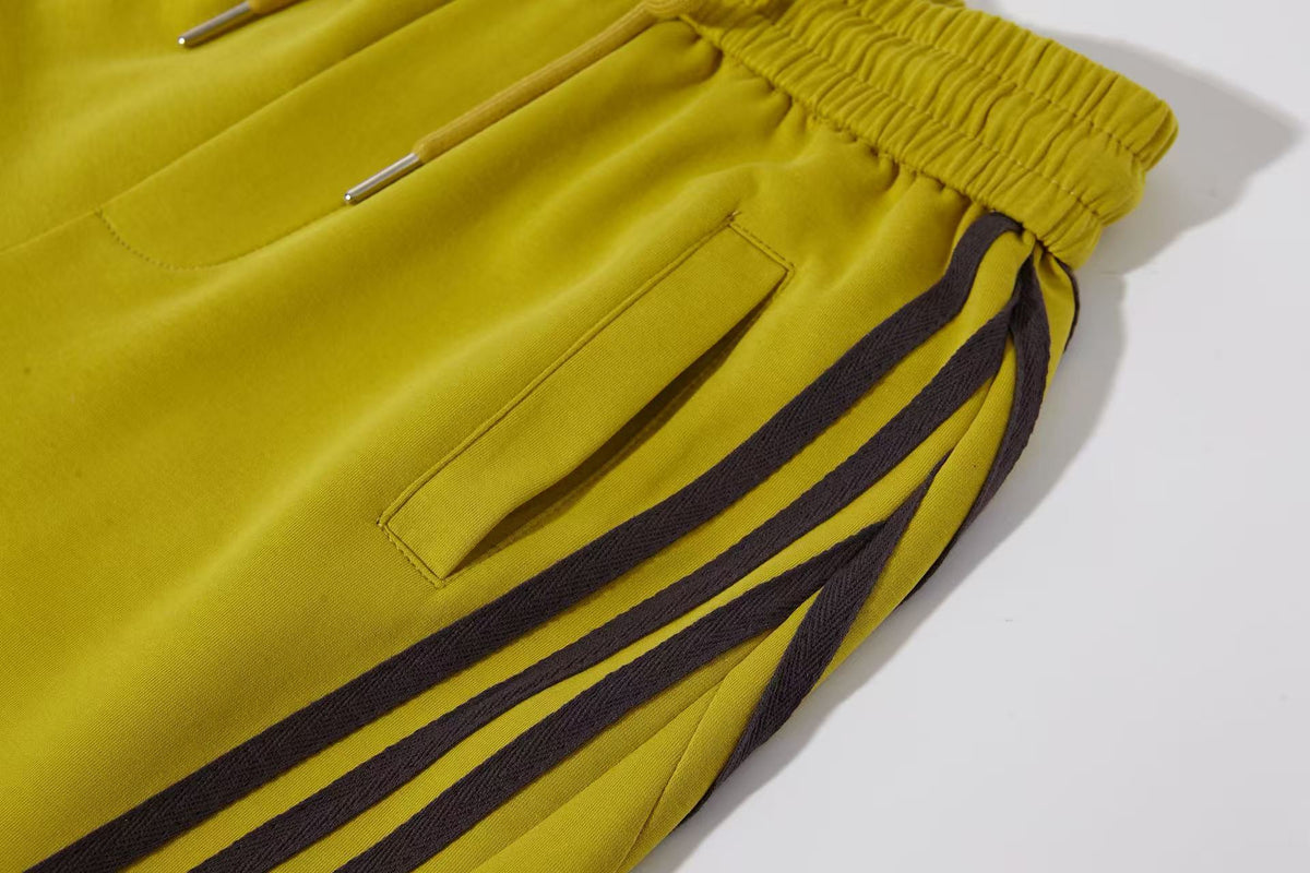 Women’s Retro Chartreuse Triple-Stripe Baggy Wide-Leg Track Pants with Elastic Drawstring Waist and Pockets