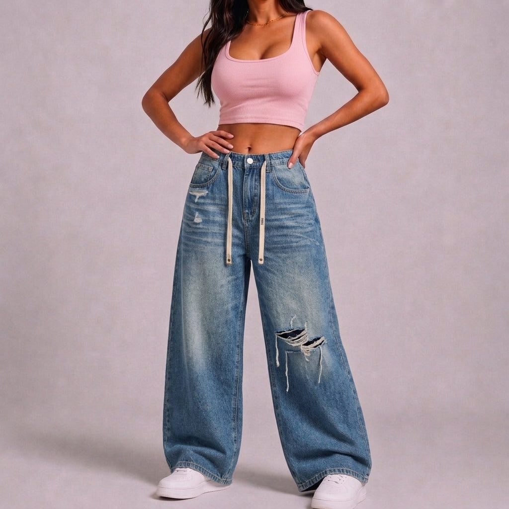 Washed Denim Wide-Leg Jeans – Distressed Streetwear Loose Fit Pants