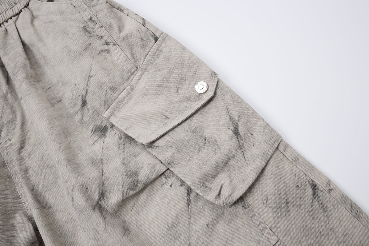 Desert Smoke Washed Cargo Pants – Women’s Gray Baggy Wide-Leg Utility Pants with Drawstring Waist